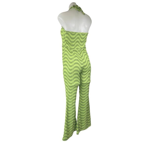 Wednesday's Girl Green Halter Retro Sleeveless Striped Flare Jumpsuit Size S - Picture 5 of 8